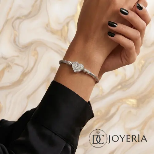 Brazalete plata corazón zircón — Acero inoxidable Plateado